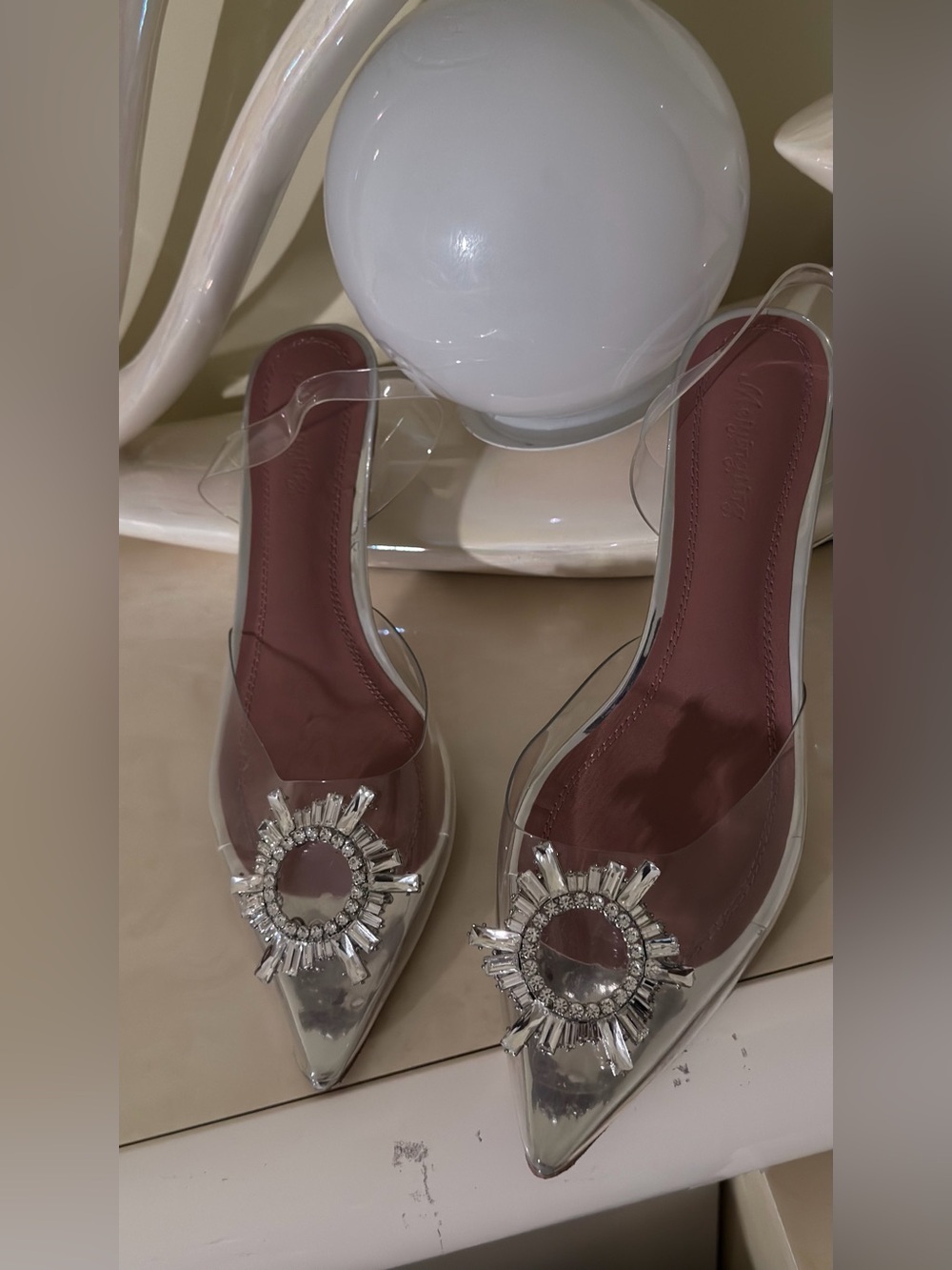 Clear Pointed Mule with Crystal Brooch - Dusty Rose Insole